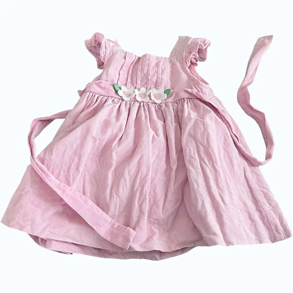 Florence Eiseman Pink Corduroy Dress Baby Girl 18M Floral Applique Spring Church